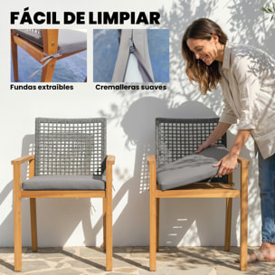 Juego de 2 Sillas de Jardín Exterior de Madera, Sillas de Jardín Apilables con Cojines Desmontables, Brazos, Respaldo de Ratán PE, Carga 160 kg, para Terraza, 59x55x86 cm, Madera Natural