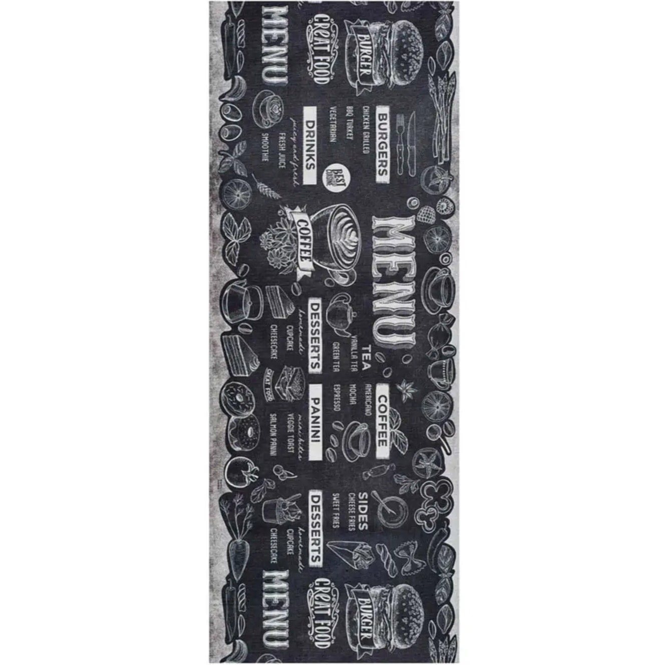 RICCI Alfombra vinílica de cocina diseño de menús en negro, varias medidas disponibles.