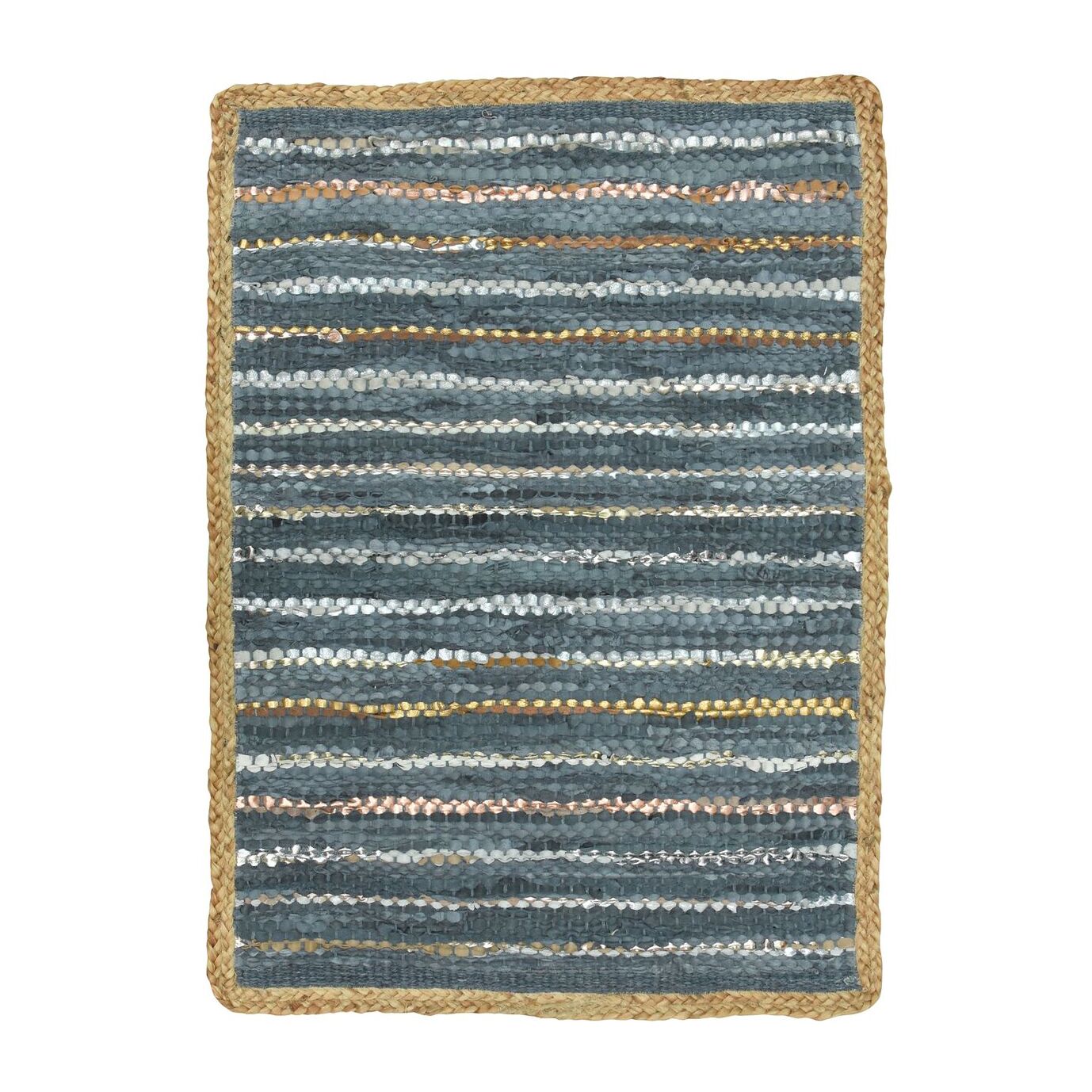 Tapis en cuir, jute et coton bleu et argenté 60x80cm ASMA