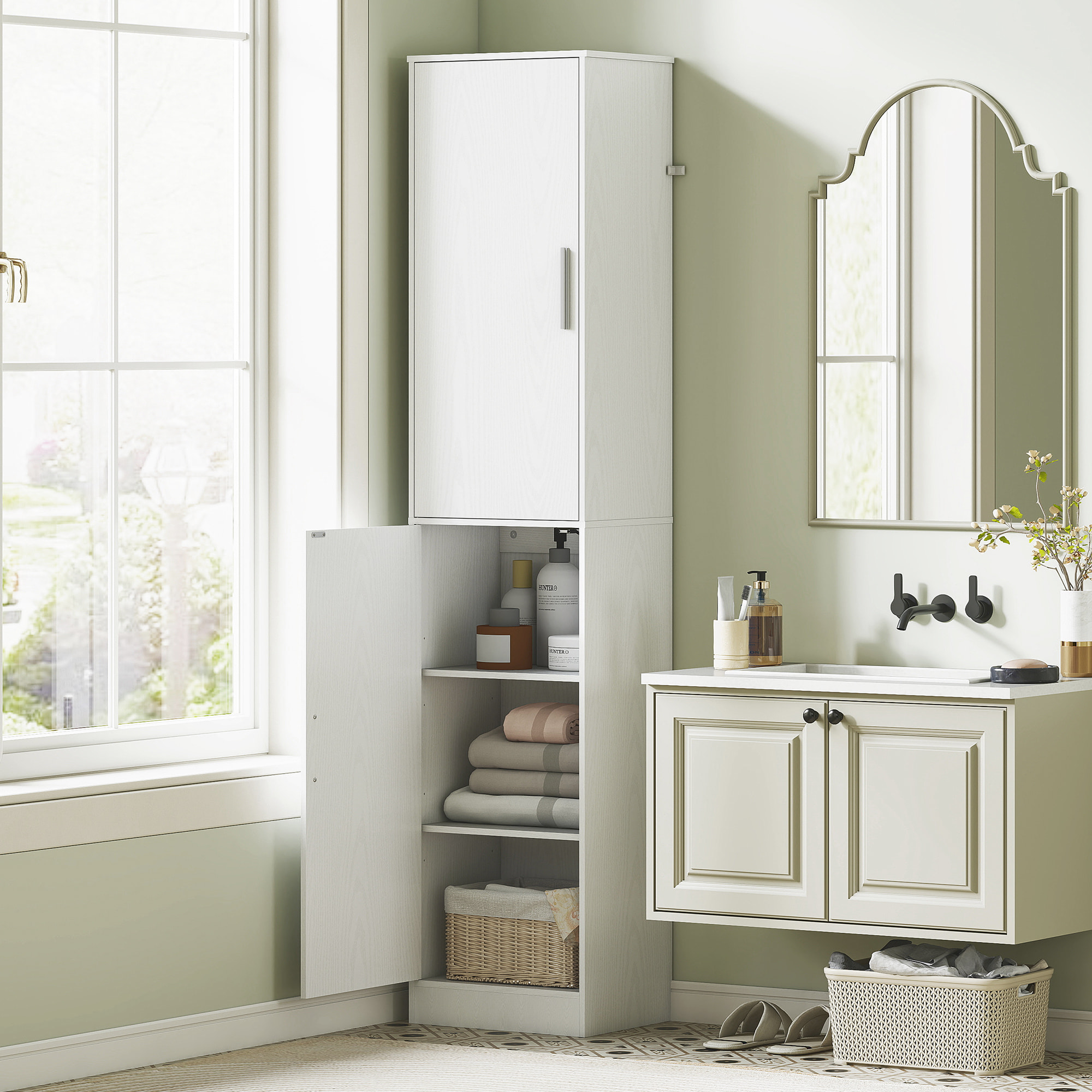Colonne salle de bain H180 cm - 2 portes, 4 étagères réglables - effet bois blanc