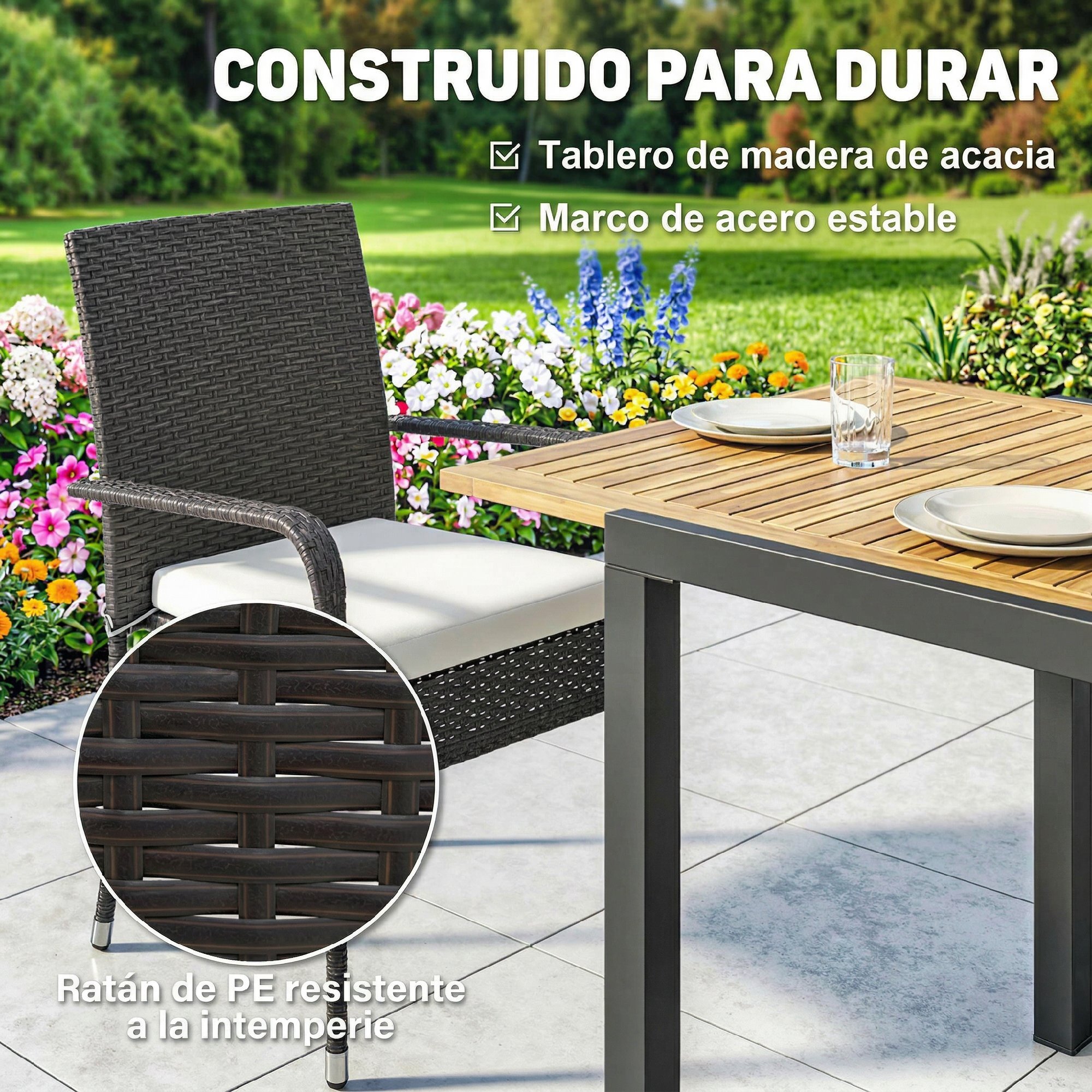 Conjunto de Mesa y Sillas Jardín de Ratán de 7 Piezas, Muebles Jardín Exterior con Mesa Extensible Tablero Madera y 6 Sillas Apilables con Cojines Extraíbles, Marco de Acero Resistente, Crema