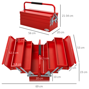 DURHAND Caja de Herramientas de Acero Plegable Portátil con 5 Compartimentos y Mango de Transporte para Taller Bricolaje Hogar 56x20x21-34 cm Rojo