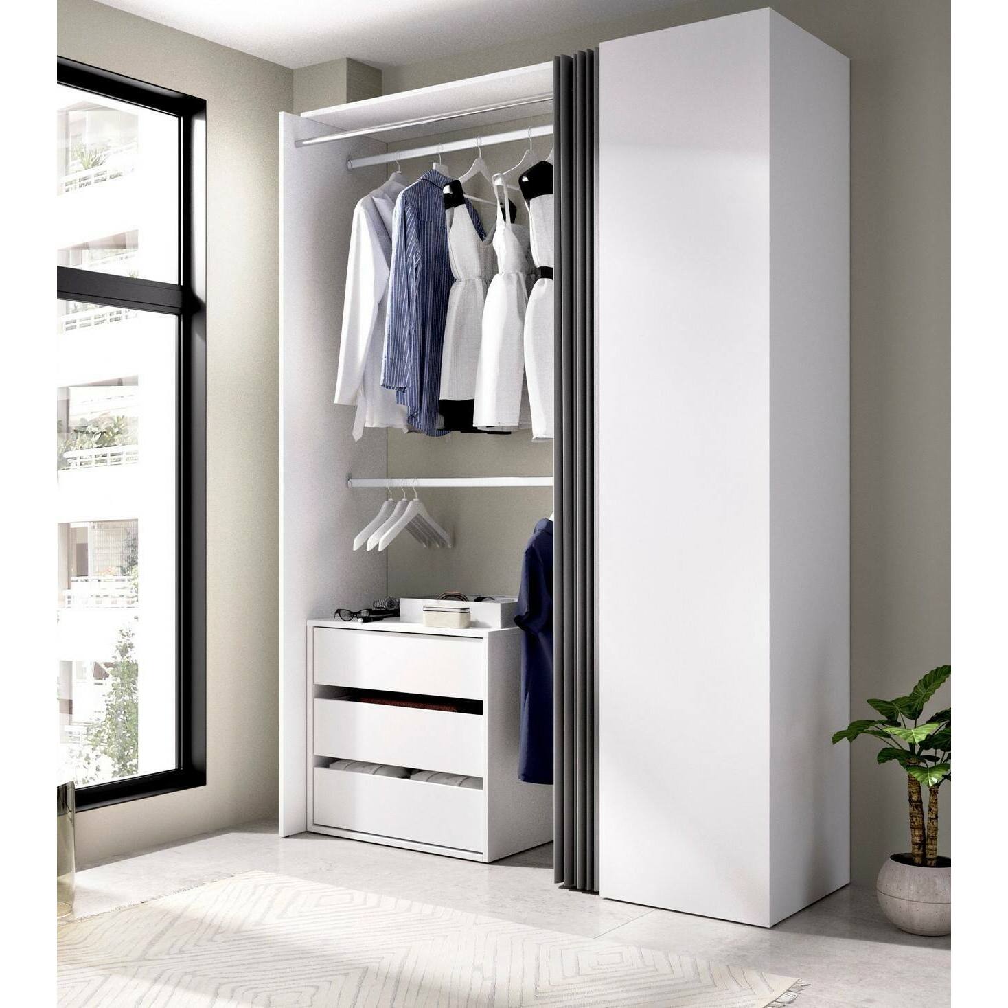 Guardaroba grande Annuck, Struttura per cabina armadio, Mobile appendiabiti aperto, 141x52h205 cm, Bianco e Antracite