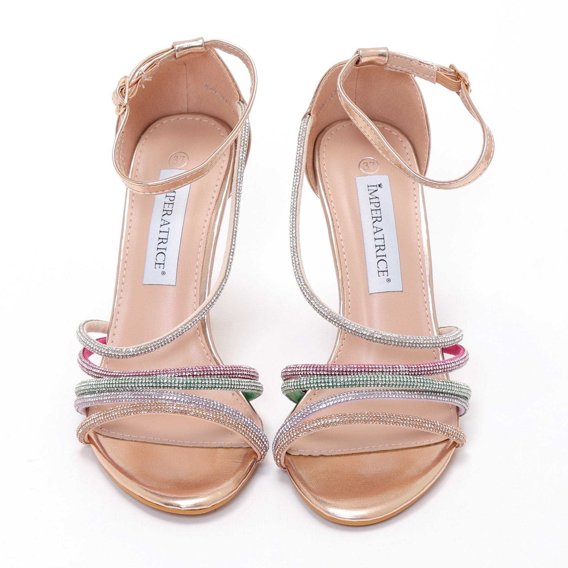 Sandali in simil pelle con tacco a rocchetto e fasce ricoperte di strass