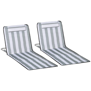 Conjunto de 2 Esterillas de Playa Plegable Esterillas con Respaldo Reclinable en 5 Niveles Reposacabezas y Bolsa de Transporte 134x48x33-43 cm Rayas Blanco y Gris