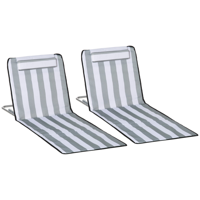 Conjunto de 2 Esterillas de Playa Plegable Esterillas con Respaldo Reclinable en 5 Niveles Reposacabezas y Bolsa de Transporte 134x48x33-43 cm Rayas Blanco y Gris