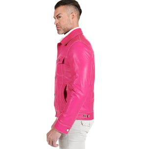 Giacca pelle naturale fuxia con bottoni e collo camicia