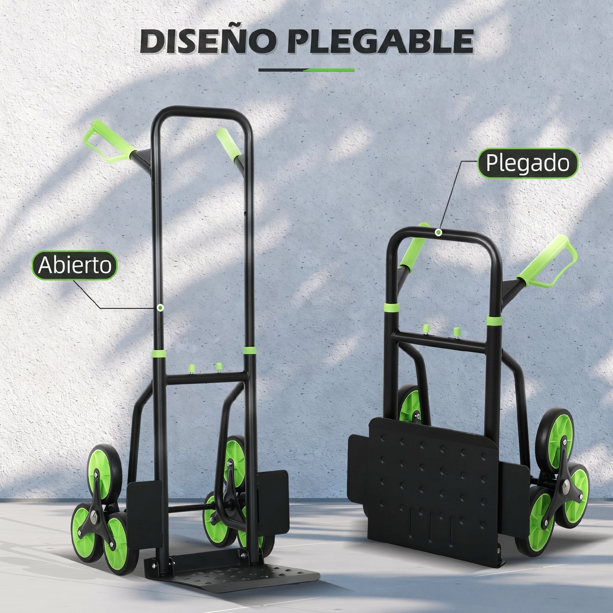 Carretilla Plegable para Escalera con Ruedas Carga 120kg Carretilla de Mano Portátil para Entrega Almacenes Mercado Viajar Mudarse Verde