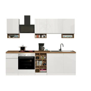 Cucina completa Dcelient, Cucina pratica e salvaspazio, Parete da cucina con 7 ante e 1 cassetto, 100% Made in Italy, 255x60h85 cm, Bianco lucido e Rovere