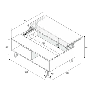 Tavolino da salotto Lincoln, Tavolino da caffè con piano elevabile, Tavolo basso da soggiorno, cm 100x68h38, Bianco lucido e Rovere