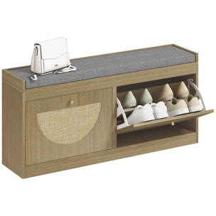 Banco Zapatero, Banco Recibidor Bohemio, con Asiento Acolchado, Puertas Frentes de Ratán, Estante Ajustable, para 8 Pares de Zapatos, para Entrada, 105x35x47 cm, Natural