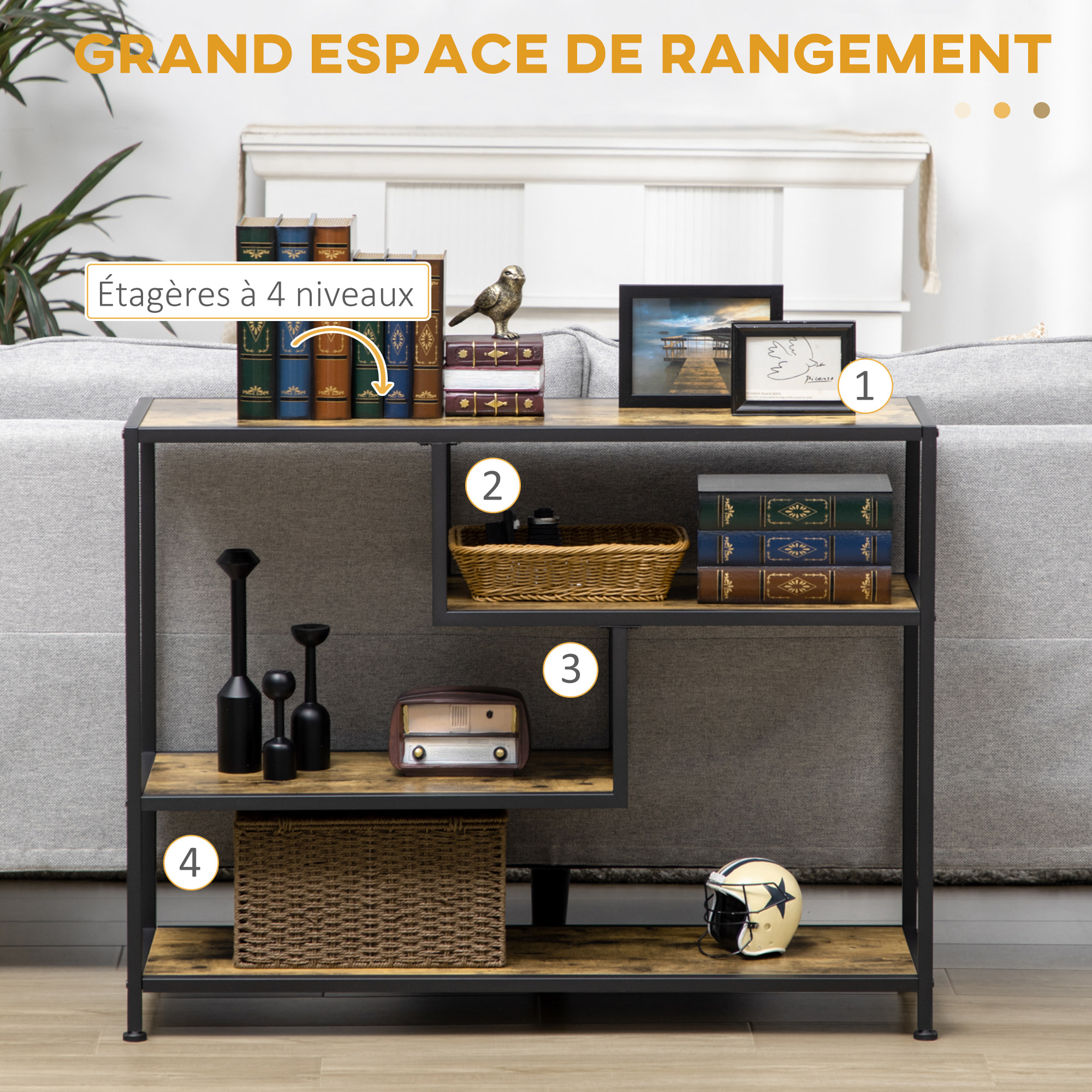 Console design industriel 4 étagères acier noir panneaux aspect bois vieilli