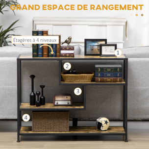 Console design industriel 4 étagères acier noir panneaux aspect bois vieilli