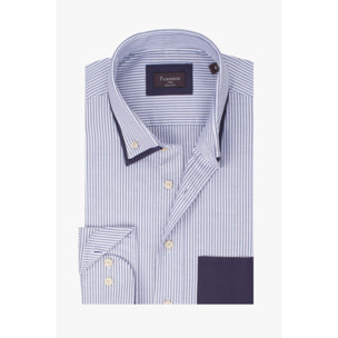 Camicia Uomo 1 Bottone Button Down Oxford Riga Stretta Blu\Bianco