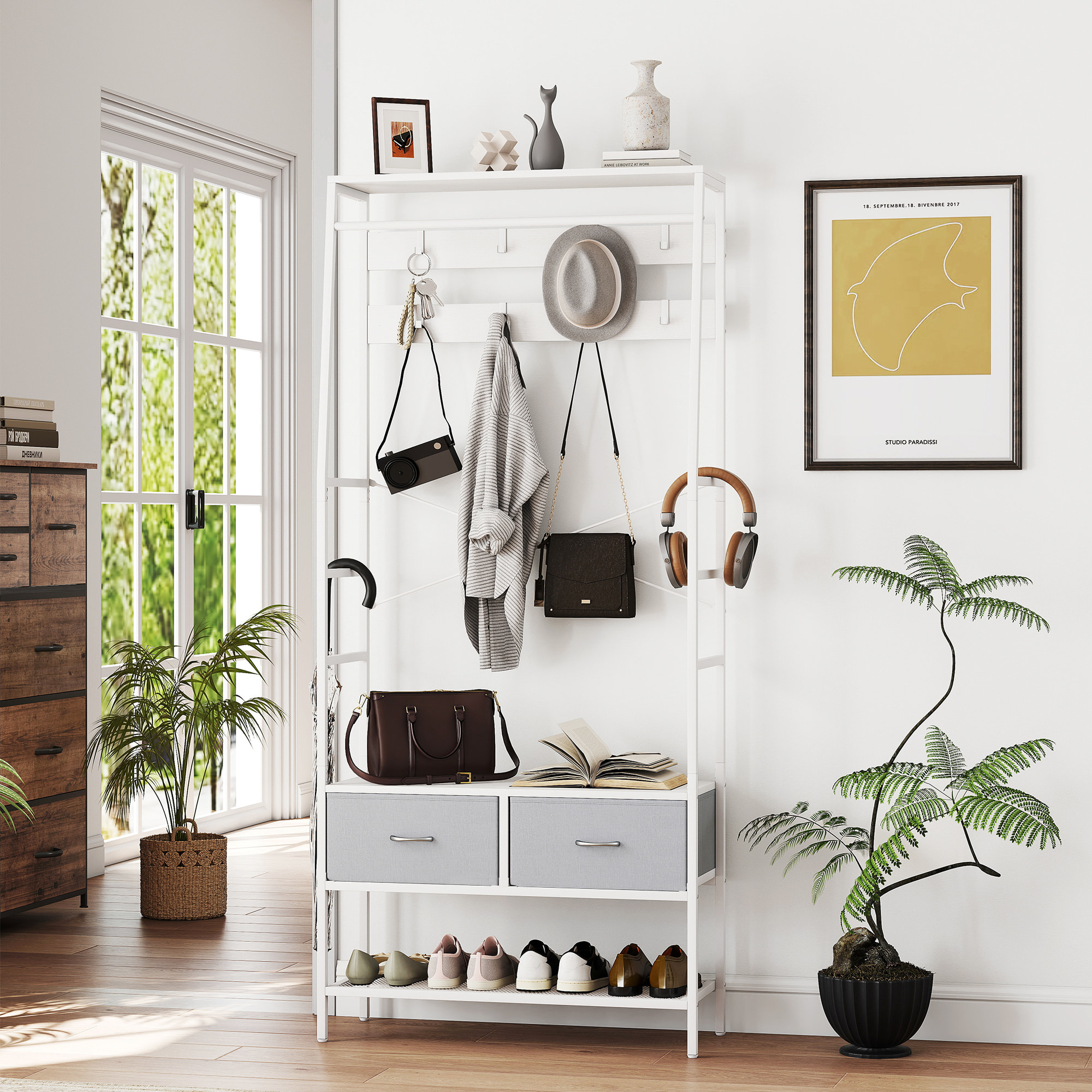 Perchero Zapatero Perchero Entrada Recibidor con Zapatero 8 Ganchos 2 Cajones de Tela Barra Estante de Malla Estilo Industrial para Pasillo Dormitorio Salón 80x30x180,5 cm Blanco
