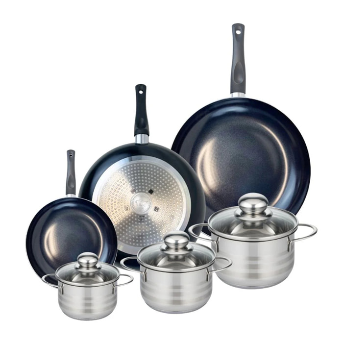 Ensemble de 3 Poêles de cuisson 20, 28 et 32 cm et 3 faitouts 12, 14 et 16 cm Elo Prima Brillant