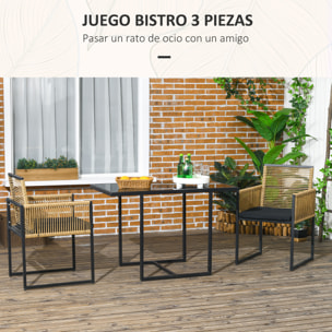 Conjunto de Mesa y Sillas de Jardín Exterior Juego de 3 Piezas Sillas con Respaldo Plegable y Cojines y Mesa de Cristal Diseño Anidado para Terraza Patio Natural y Negro