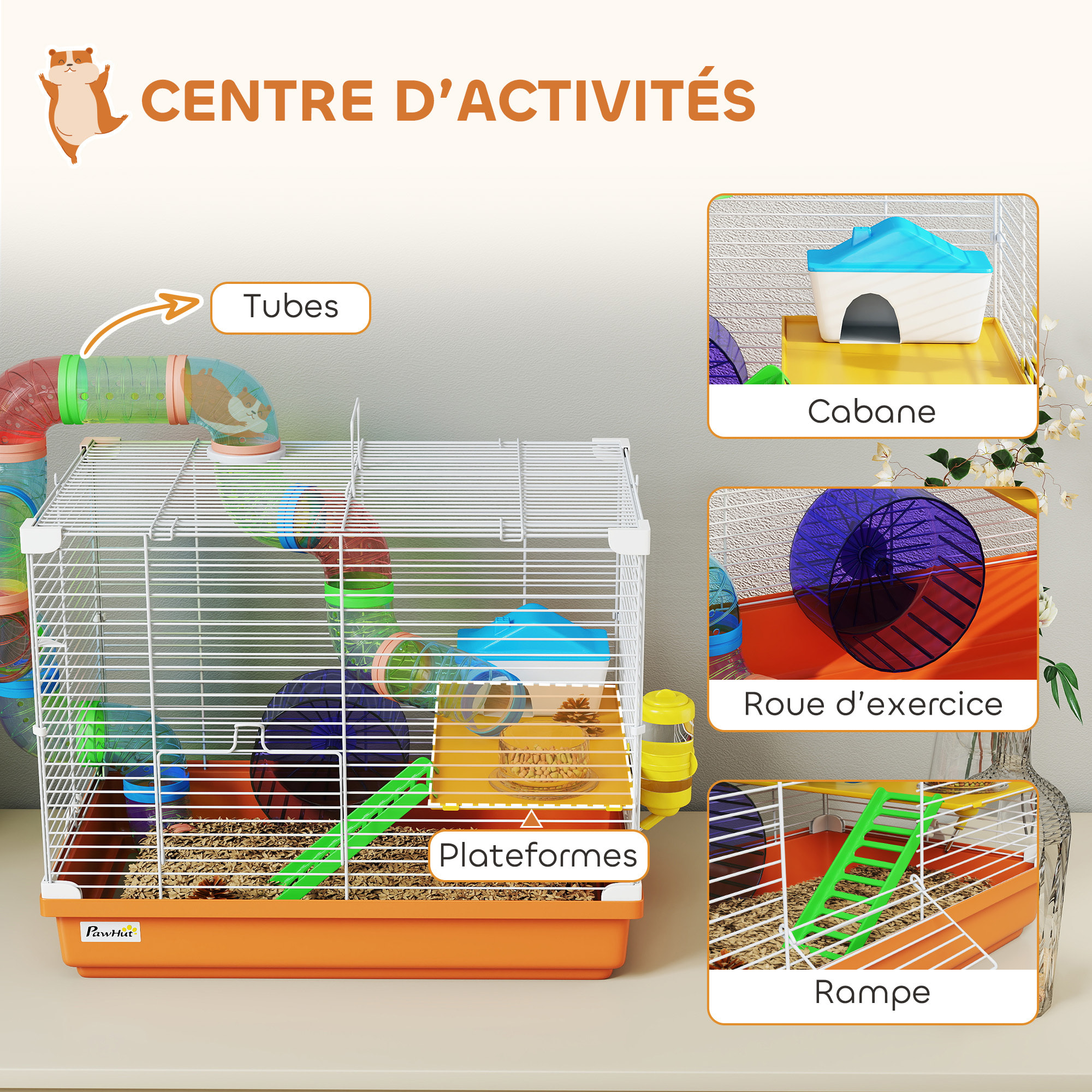 Cage à hamster 2 niveaux avec poignée - avec tunnel, biberon eau, roue, maisonnette, échelles - orange