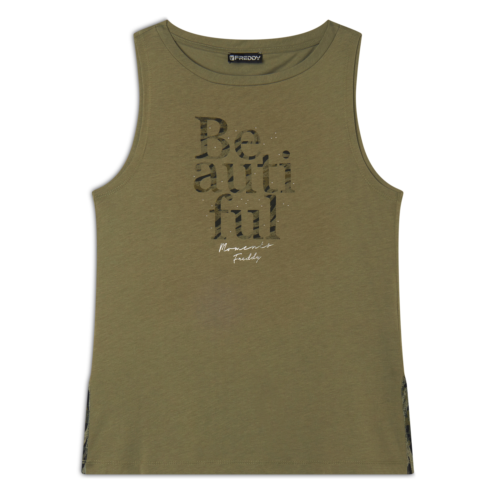 Canotta con fondo svasato e grafica con borchie