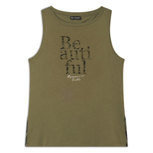 Canotta con fondo svasato e grafica con borchie