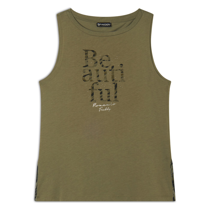 Canotta con fondo svasato e grafica con borchie