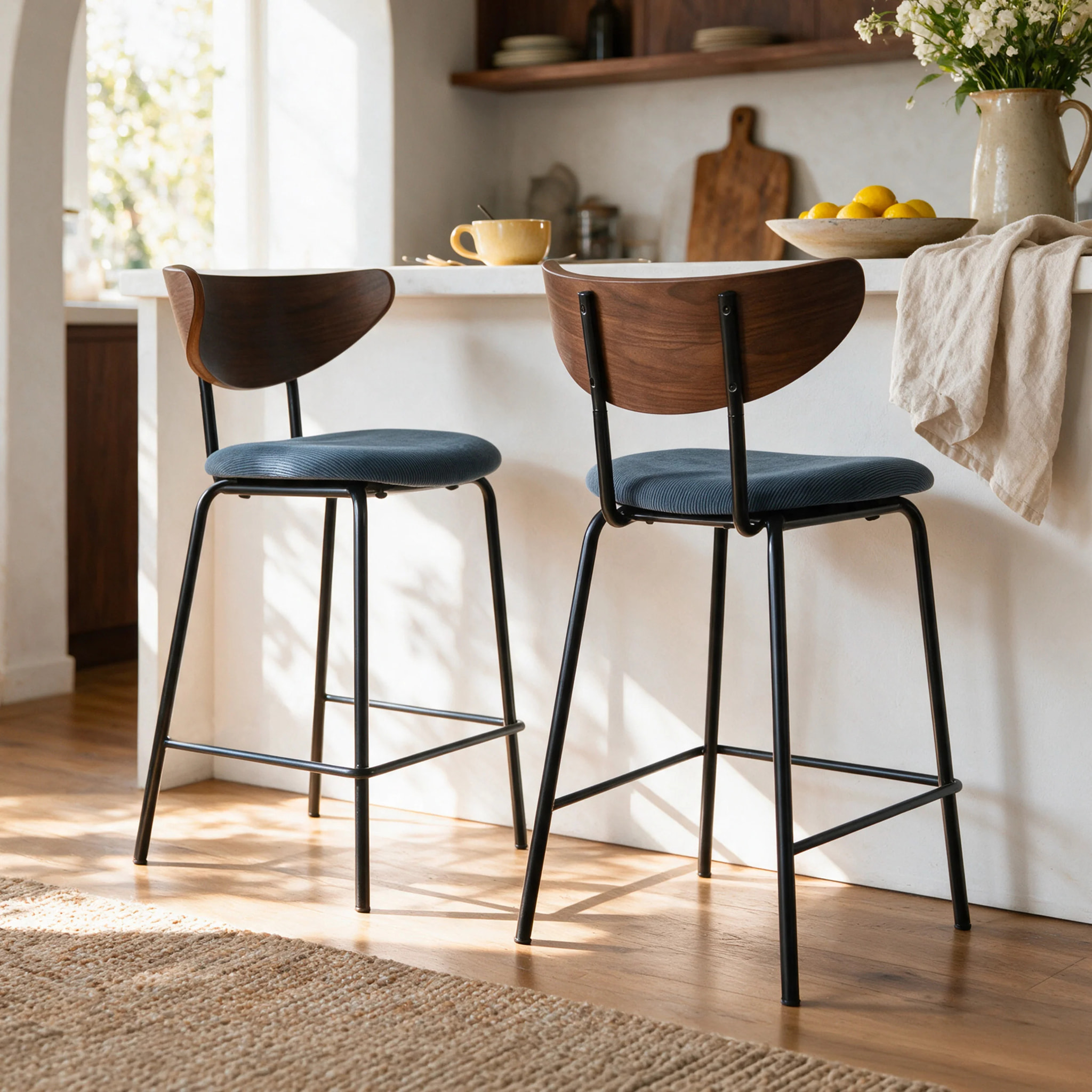 Lot de 2 chaises pour îlot central, velours côtelé bleu marine 64.5 cm - Jade