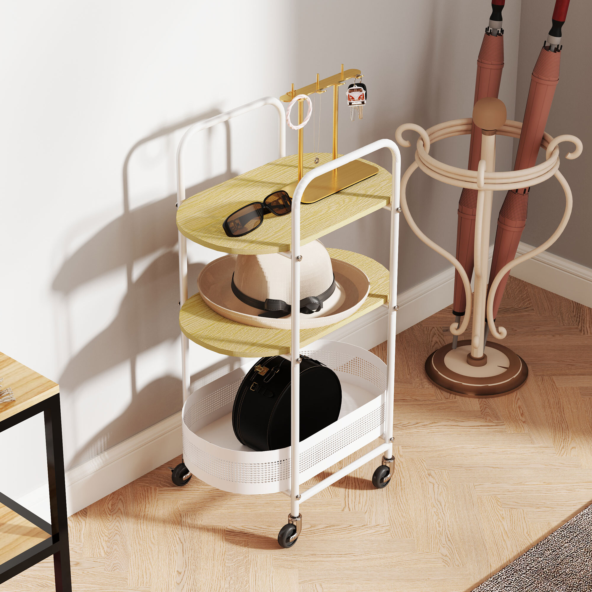 Carrito Auxiliar con Ruedas Carrito de Cocina de 3 Niveles Carro de Almacenamiento con Cesta y Estantes Carga 30 kg para Comedor Salón Dormitorio 49,5x32,5x82,5 cm Blanco y Madera Natural