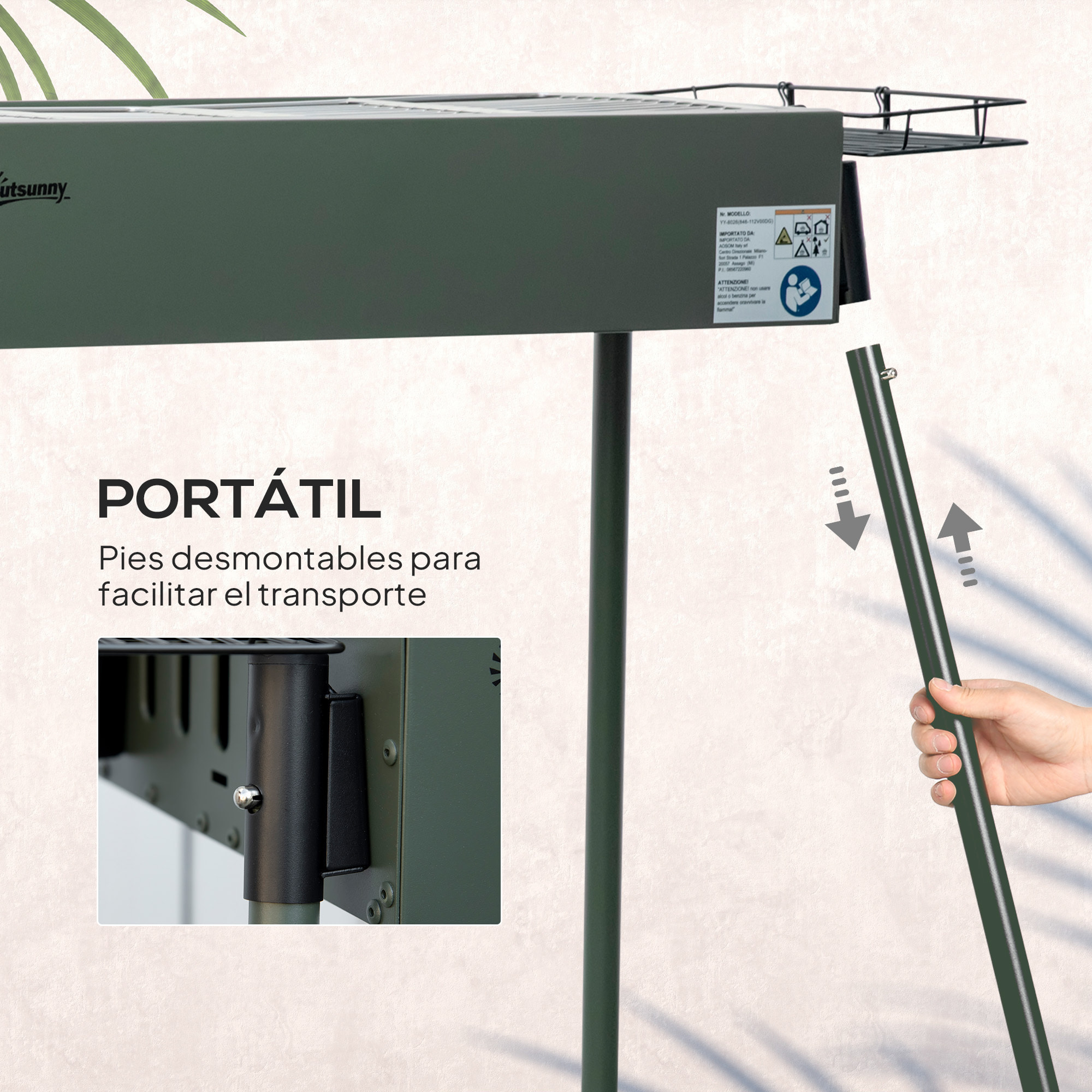 Barbacoa de Carbón Barbacoa Portátil 94x39x70 cm con 2 Parrillas de Acero Inoxidable y 2 Especieros para Acampar Picnic Camping Jardín Verde Oliva