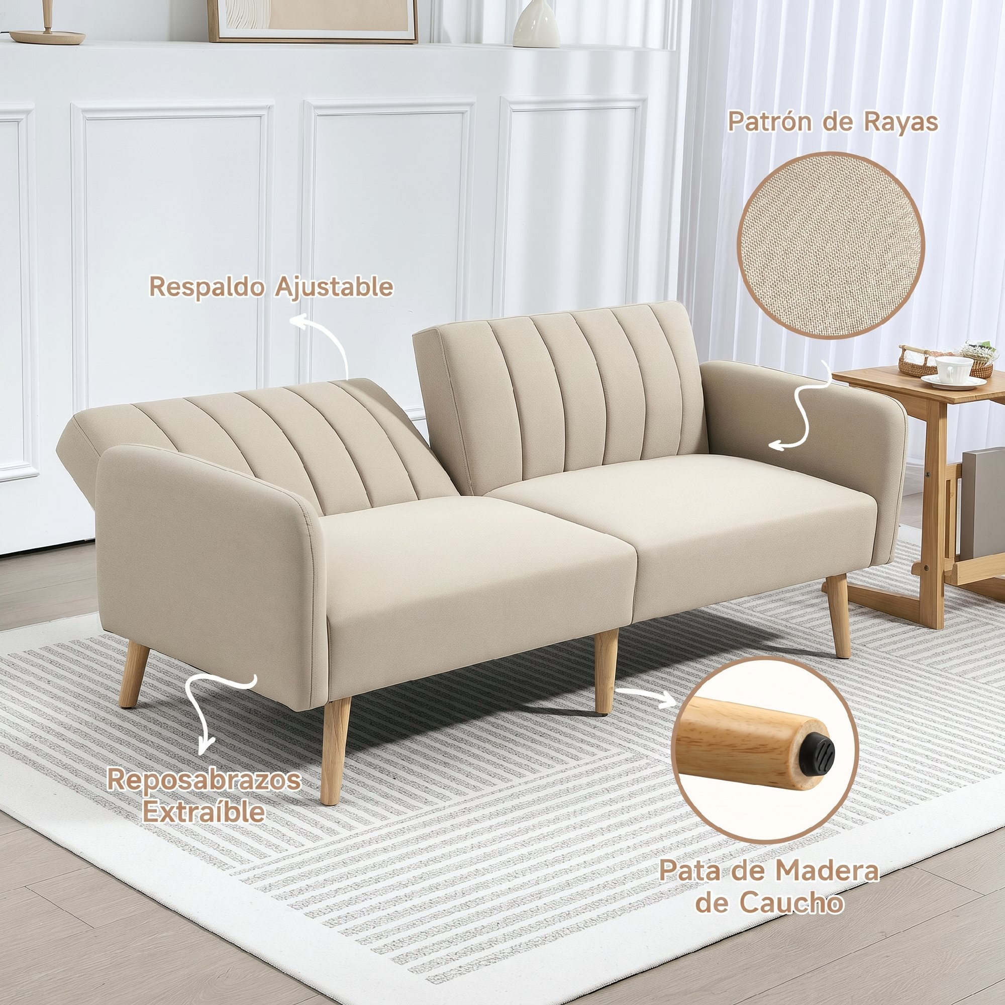 Sofá Cama de 2 Plazas Moderno 173x75x73 cm Sofá Cama Plegable Tapizado en Lino Sintético con Respaldo Ajustable en 3 Niveles y Reposabrazos Desmontables para Salón Oficina Beige