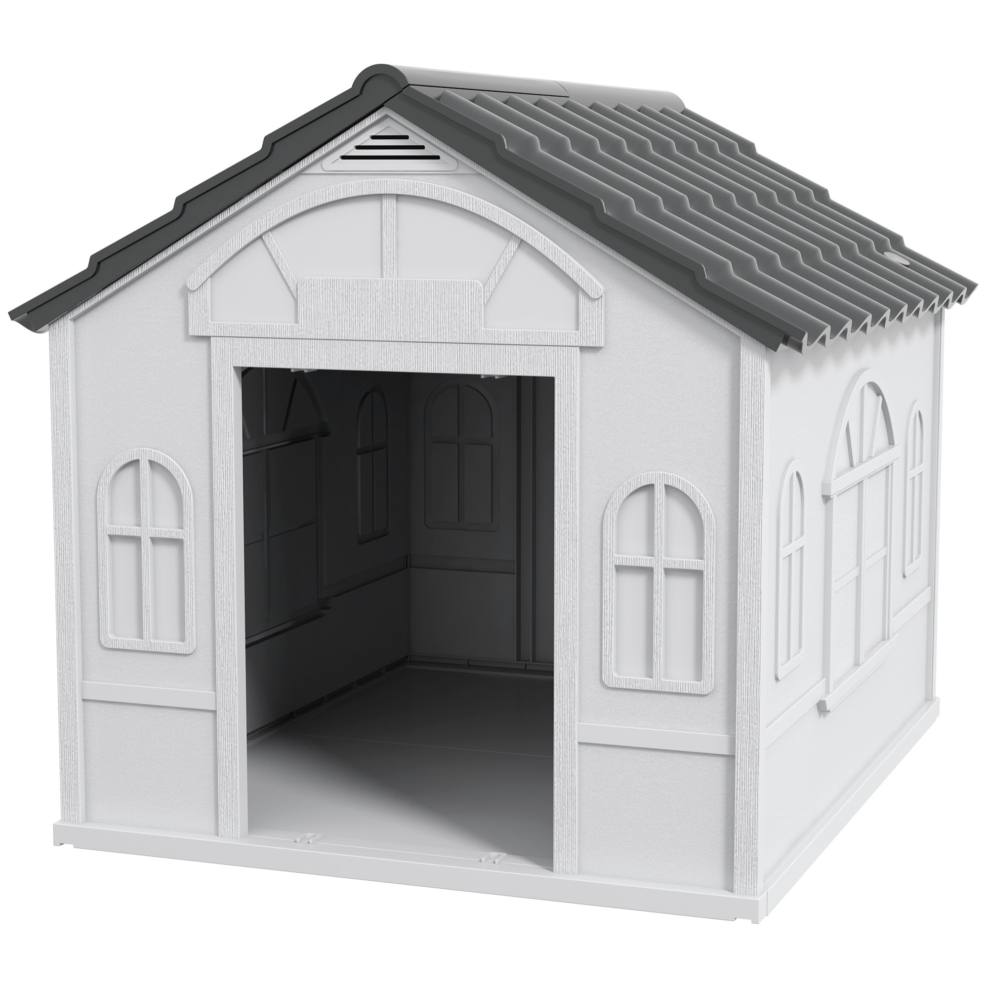 Niche chien style cottage - motifs fenêtres, porte, aération - PP blanc gris