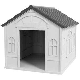Niche chien style cottage - motifs fenêtres, porte, aération - PP blanc gris