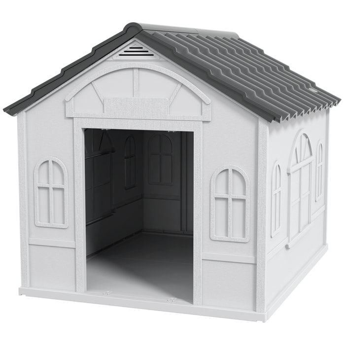 Niche chien style cottage - motifs fenêtres, porte, aération - PP blanc gris