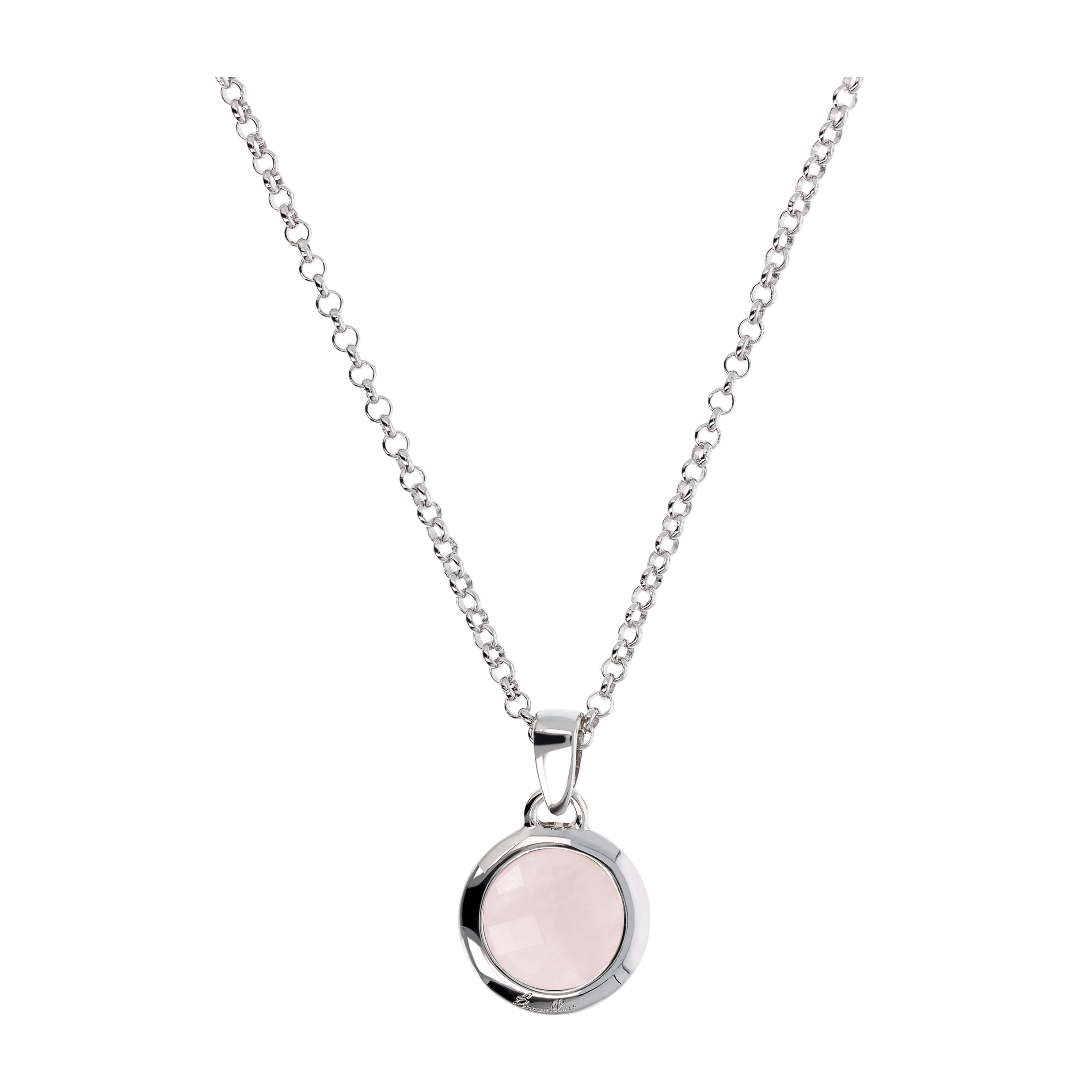 Collana Lunga Catena Rolo White con Pendente Tondo in Quarzo Rosa Sfaccettato