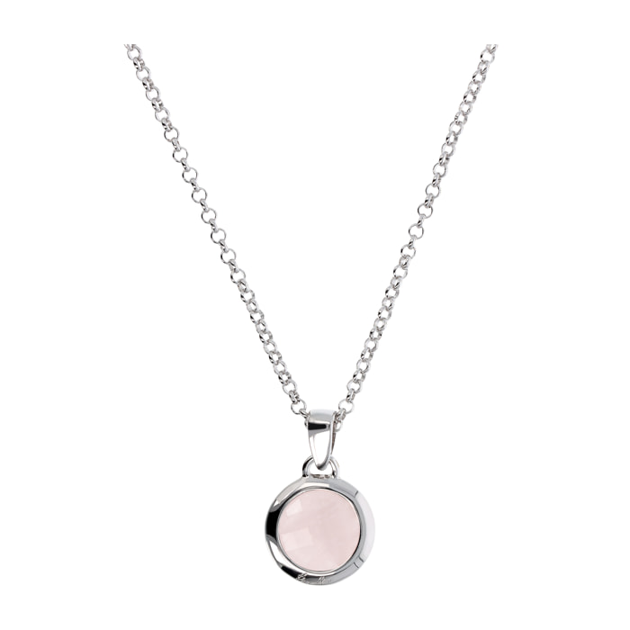 Collana Lunga Catena Rolo White con Pendente Tondo in Quarzo Rosa Sfaccettato