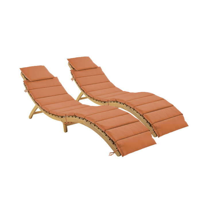 Lot de 2 bains de soleil en bois d'acacia LAURE avec coussin terracotta en polyester. 184 x 55 x 63.5 cm