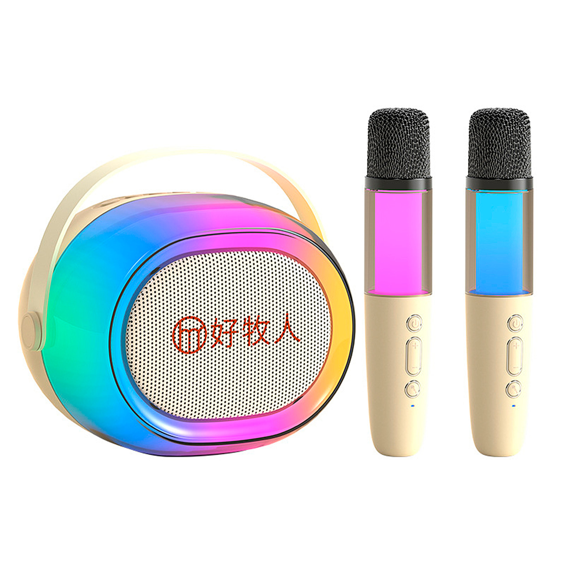 Altoparlante wireless per karaoke con due microfoni. Bluetooth 5.3 e 4 modalità vocali.