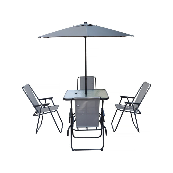 Table et chaises de jardin avec parasol en métal "Convivia" - 4 places - Gris clair