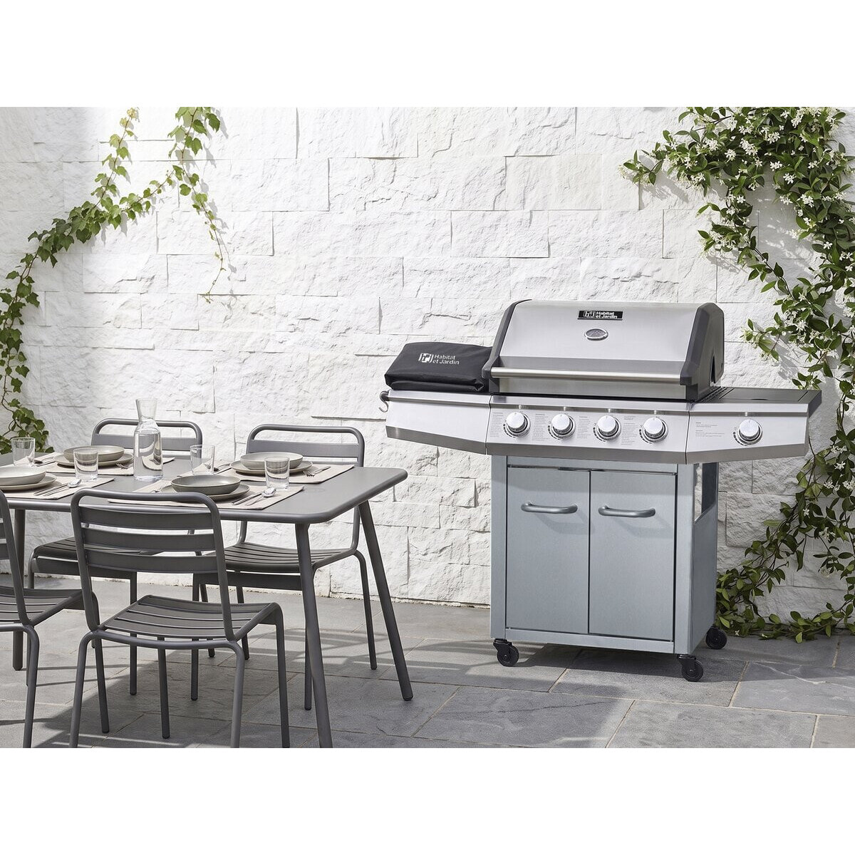 Barbecue gaz avec LED "Bingo 5" - 5 Brûleurs dont 1 latéral - 15.2kW + Housse protection - Argenté