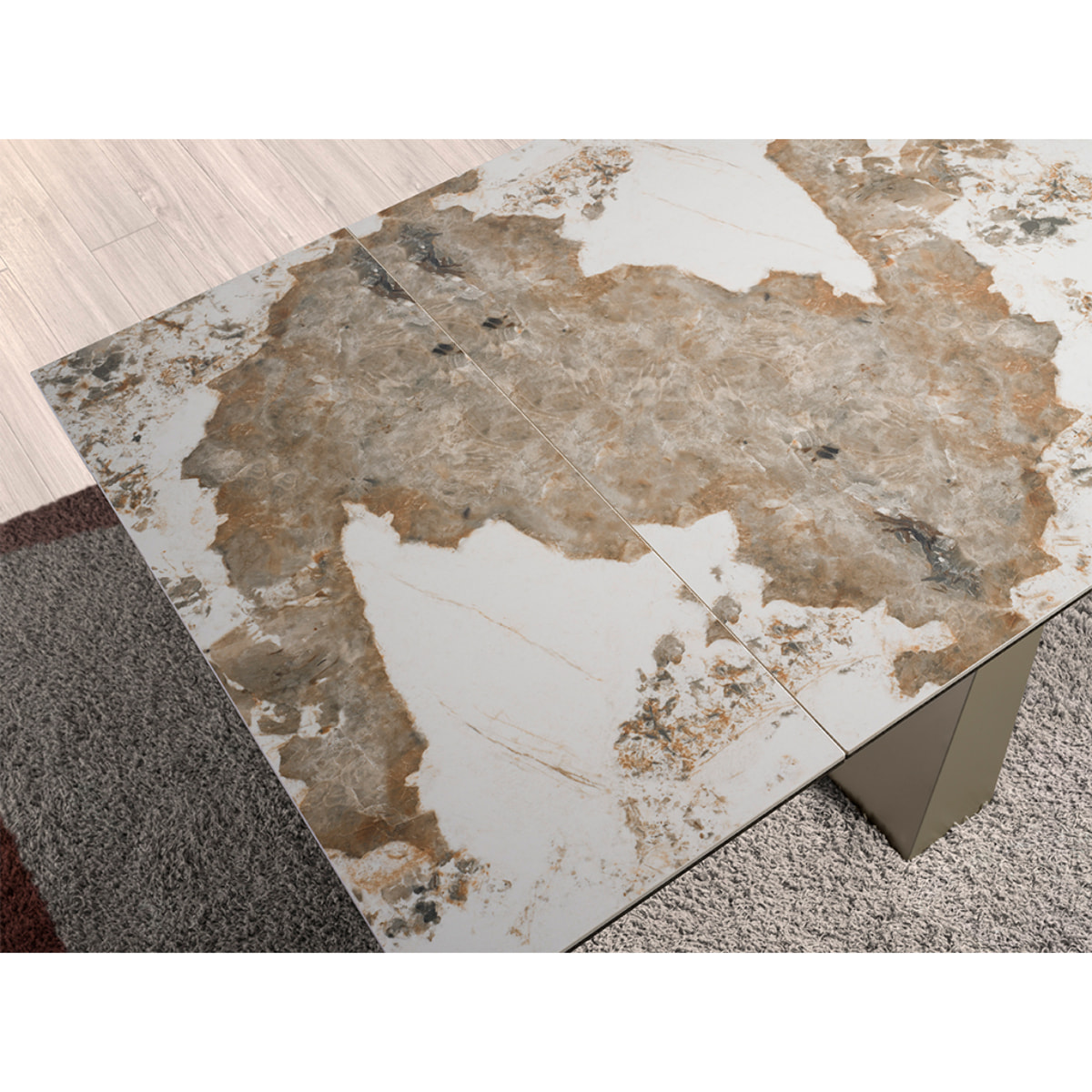 Mesa comedor extensible rectangular con tapa de mármol porcelánico blanco con vetas en tonos tierra en acabado brillo 180x90x76cm