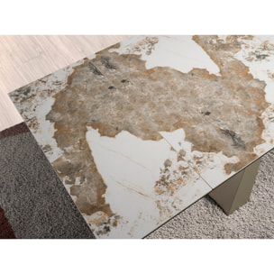 Mesa comedor extensible rectangular con tapa de mármol porcelánico blanco con vetas en tonos tierra en acabado brillo 180x90x76cm