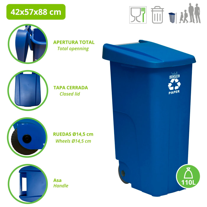 Contenedor - cubo de basura wellhome reciclo 110l, cerrado con tapa, ideal para reciclaje de papel y cartón, con ruedas
