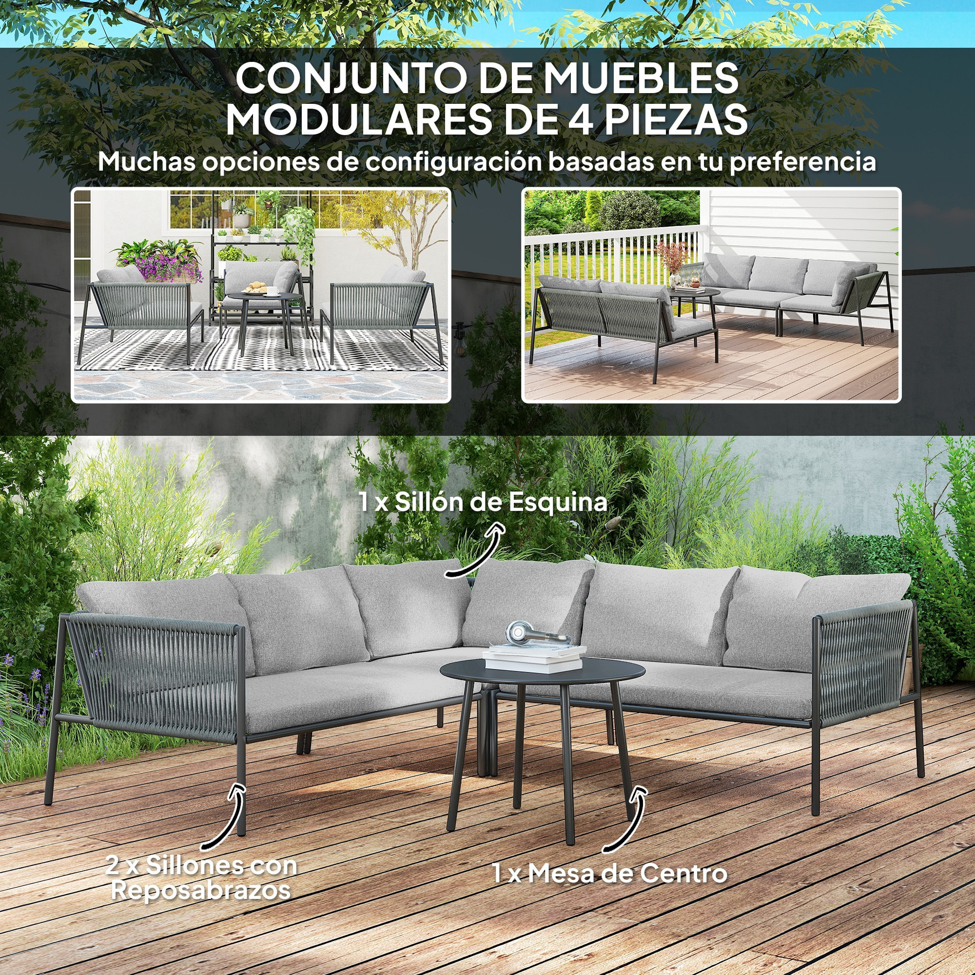 Conjunto Jardín Exterior de Ratán con Cojines Conjunto Terraza Resistente a la Intemperie Muebles Jardín Exterior con 2 Sofás de 2 Plazas Sofá Esquina Mesa Redonda Gris Oscuro