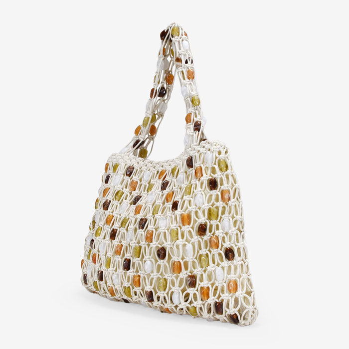 Bolso de hombro beige en macramé con piedras