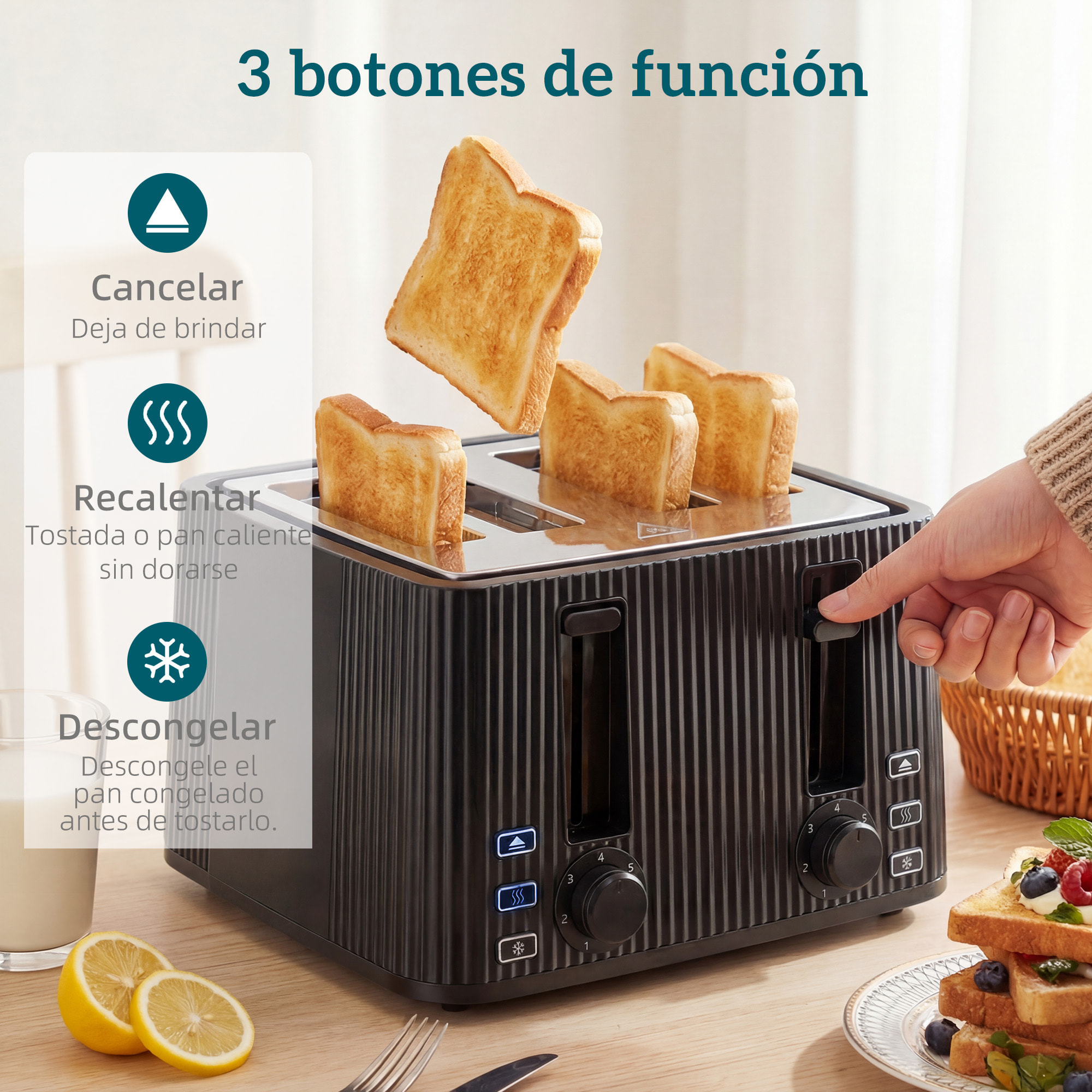 Tostadora 4 Ranuras Anchas, Tostador de Pan, 7 Niveles de Tostado, Función Descongelar, Recalentar y Cancelar, Bandeja de Migas Extraíble, 1710W, Negro