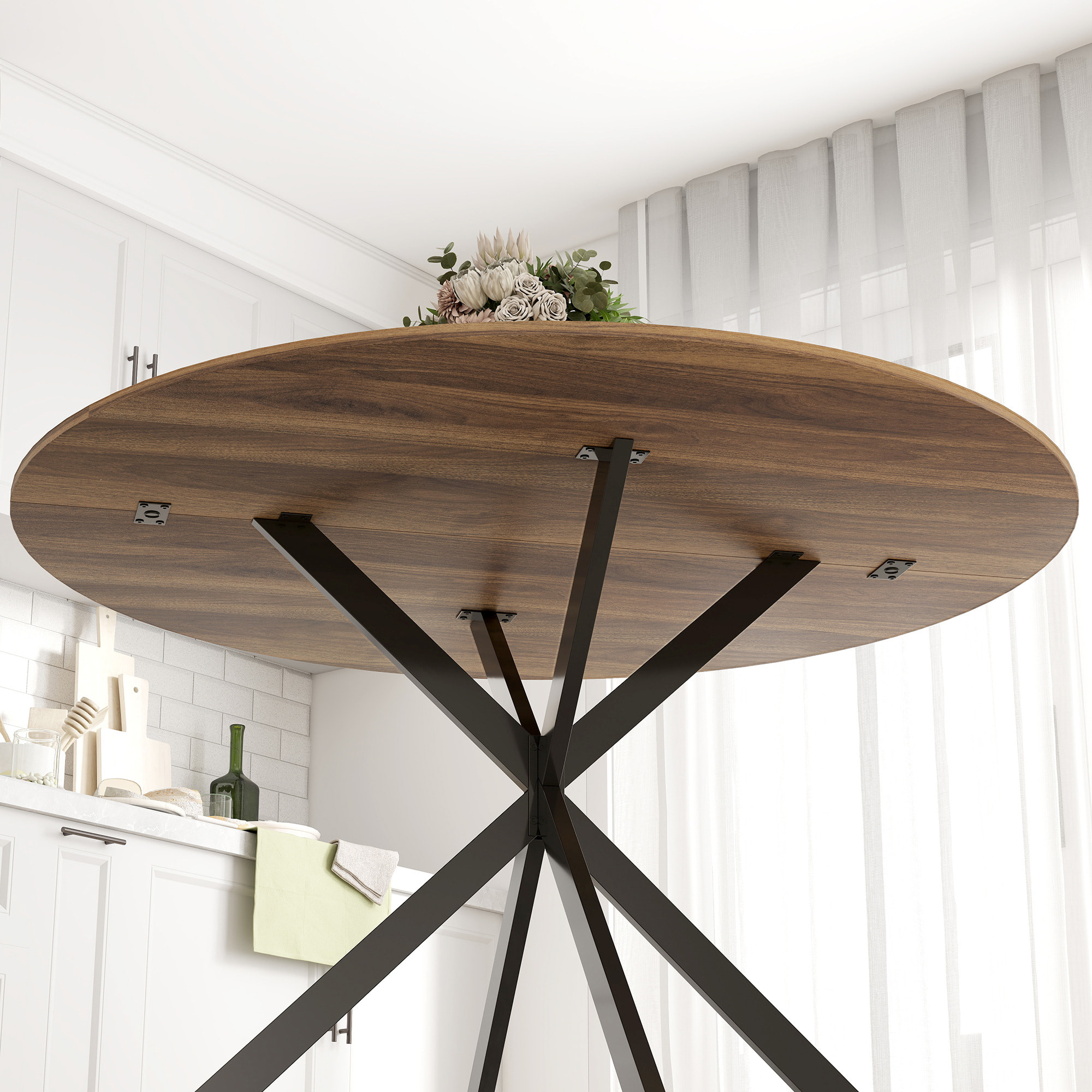 Table ronde bois 4 personnes dia. 120 cm style industriel piètement croisé acier noir noyer