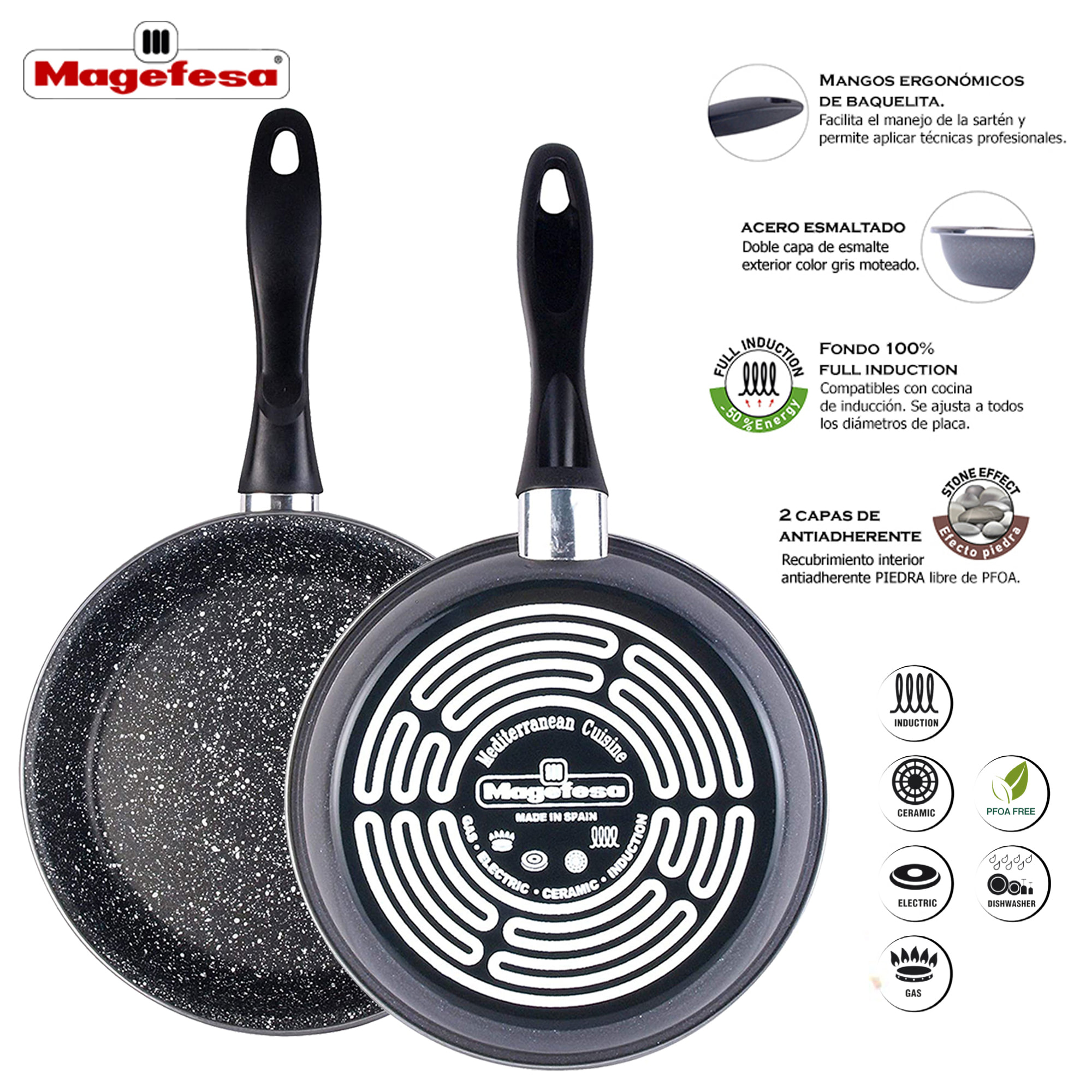 Magefesa K2 Gransasso Set Juego 3 Sartenes 18-20-24 cm acompañado de paellera 34 asas metalicas, en acero esmaltado vitrificado, en gris, inducción y