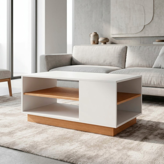 Tavolino Soggiorno Living Moderno Da Caffè Ripiano Porta Riviste Vano Giorno Multiuso Arredo Elegante Funzionale 100 x 45.5 x 60 Cm Bianco E Rovere