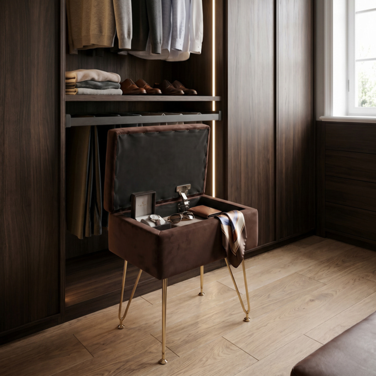 Panca Contenitore in Effetto Velluto con Seduta Imbottita e Vano Portaoggetti, Design Moderno con Gambe in Acciaio per Ingresso, Camera da Letto e Soggiorno