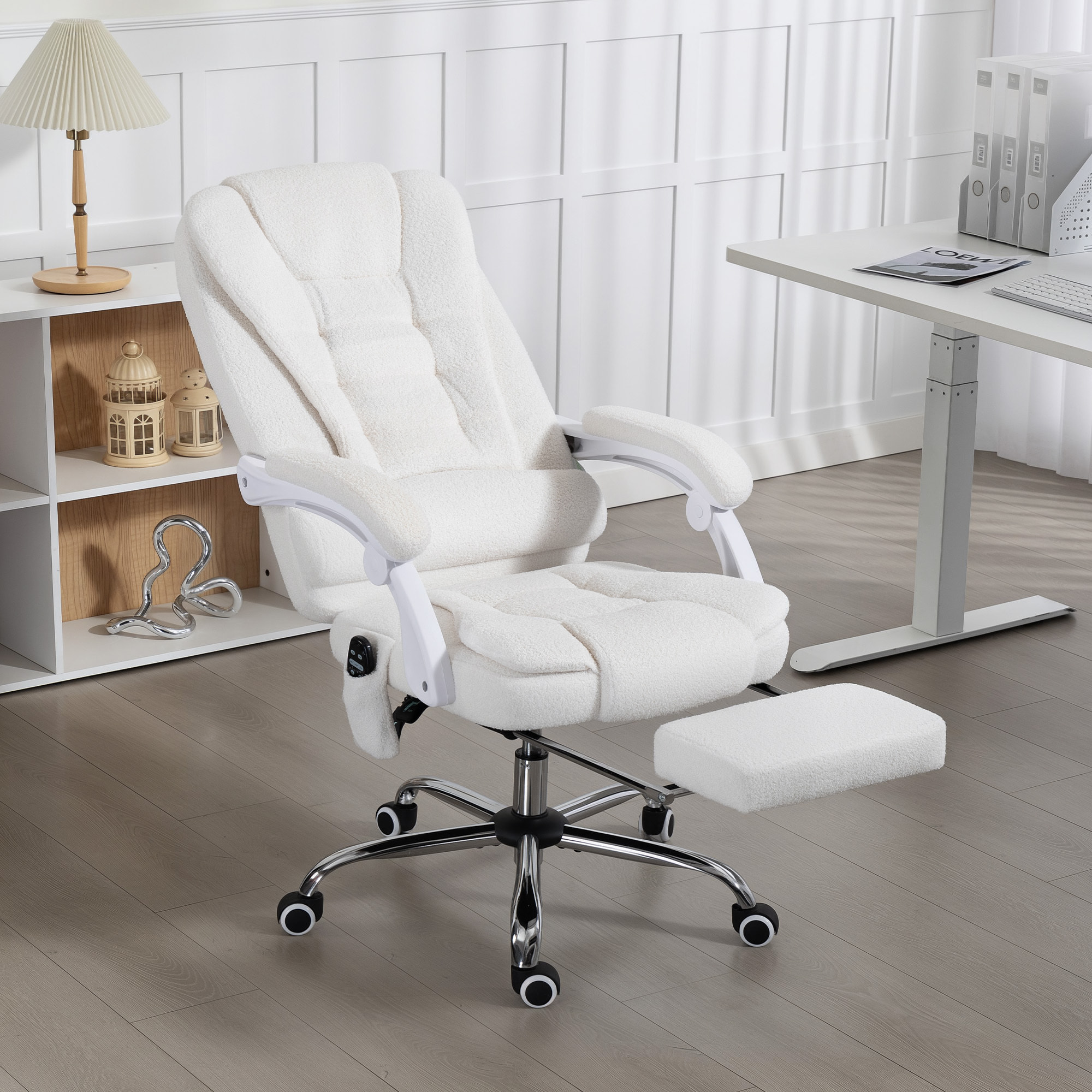 Fauteuil de bureau direction massant chauffant inclinable réglable bouclette blanc