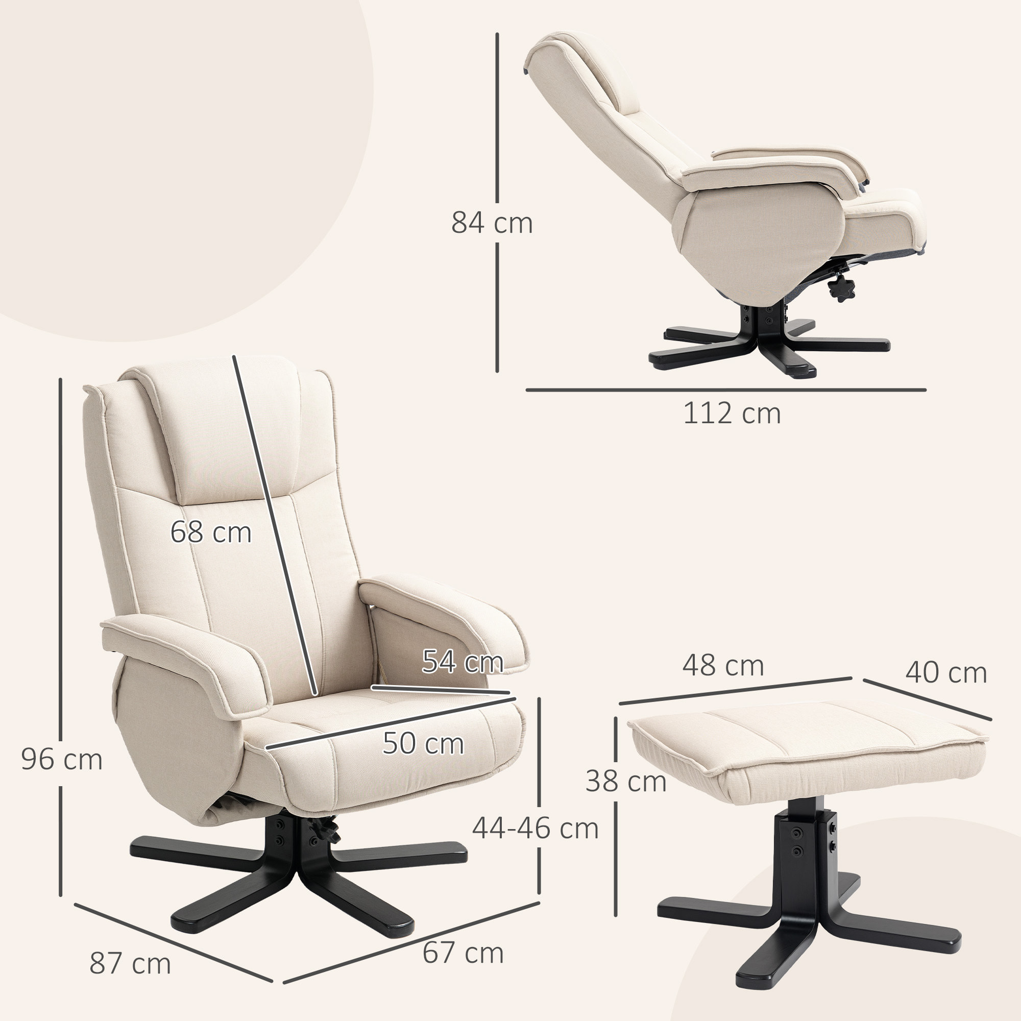 Sillón Relax Reclinable con Reposapiés Butaca de Salón Giratoria Tapizado en Lino con Base de Madera Función Basculante Butaca para Dormitorio Sala de Estar Beige